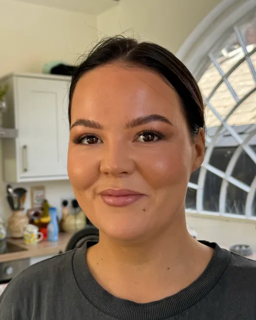 Close-up of soft glam bridal makeup by Lucy Mae