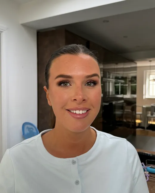 Close-up of soft glam bridal makeup by Lucy Mae