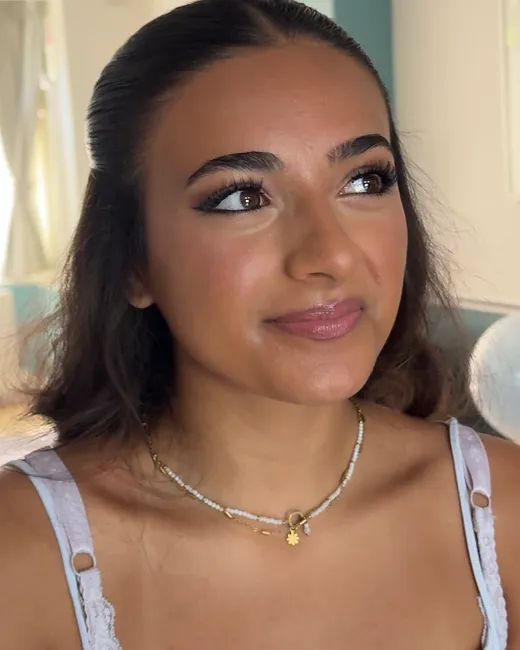 Close-up of soft glam bridal makeup by Lucy Mae