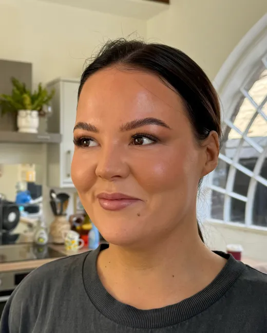 Close-up of soft glam bridal makeup by Lucy Mae